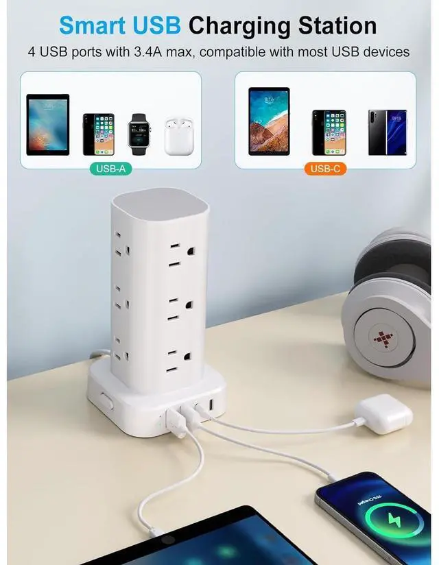 Alt view image 5 of 7 - Bobobigo Power Strip Tower with Wireless Charger, Flat Plug Surge Protector Tower with 6FT Extension Cord, 12 AC Multiple Outlets, 4 USB (2 USB C),15W Wireless Charging Power Tower for Home Office