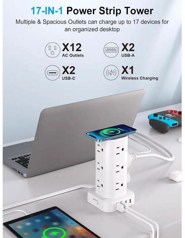 Alt view image 2 of 7 - Bobobigo Power Strip Tower with Wireless Charger, Flat Plug Surge Protector Tower with 6FT Extension Cord, 12 AC Multiple Outlets, 4 USB (2 USB C),15W Wireless Charging Power Tower for Home Office