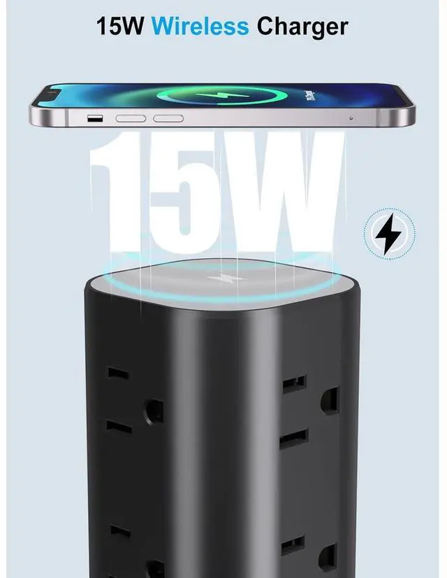 Alt view image 4 of 7 - Bobobigo Power Strip with Wireless Charger, Flat Plug Surge Protector with 6FT Extension Cord, 12 AC Multiple Outlets, 4 USB (2 USB C), 15W Wireless Charging Power Tower for Home Office Dorm, Black
