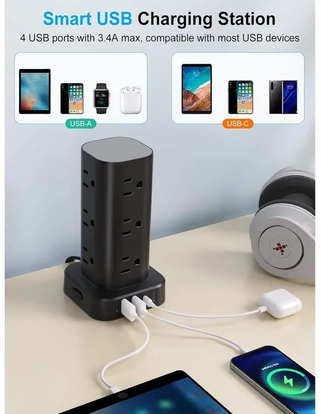 Alt view image 5 of 7 - Bobobigo Power Strip with Wireless Charger, Flat Plug Surge Protector with 6FT Extension Cord, 12 AC Multiple Outlets, 4 USB (2 USB C), 15W Wireless Charging Power Tower for Home Office Dorm, Black