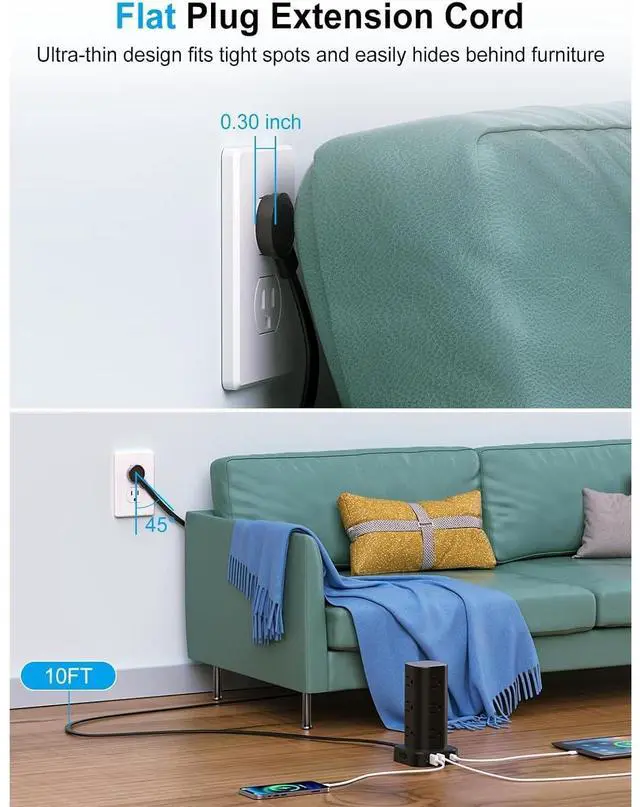 Alt view image 3 of 7 - Bobobigo Power Strip with Wireless Charger, Flat Plug Surge Protector with 6FT Extension Cord, 12 AC Multiple Outlets, 4 USB (2 USB C), 15W Wireless Charging Power Tower for Home Office Dorm, Black