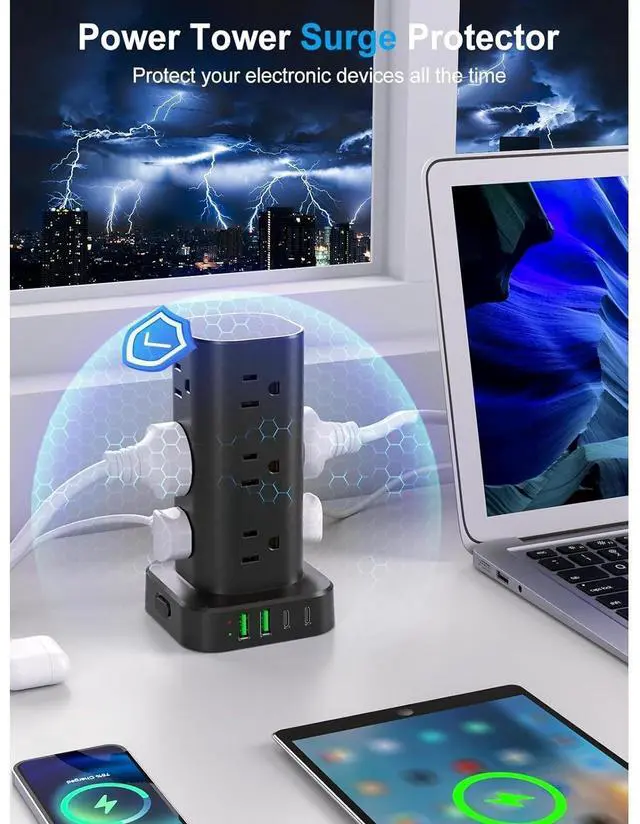 Alt view image 6 of 7 - Bobobigo Power Strip with Wireless Charger, Flat Plug Surge Protector with 6FT Extension Cord, 12 AC Multiple Outlets, 4 USB (2 USB C), 15W Wireless Charging Power Tower for Home Office Dorm, Black