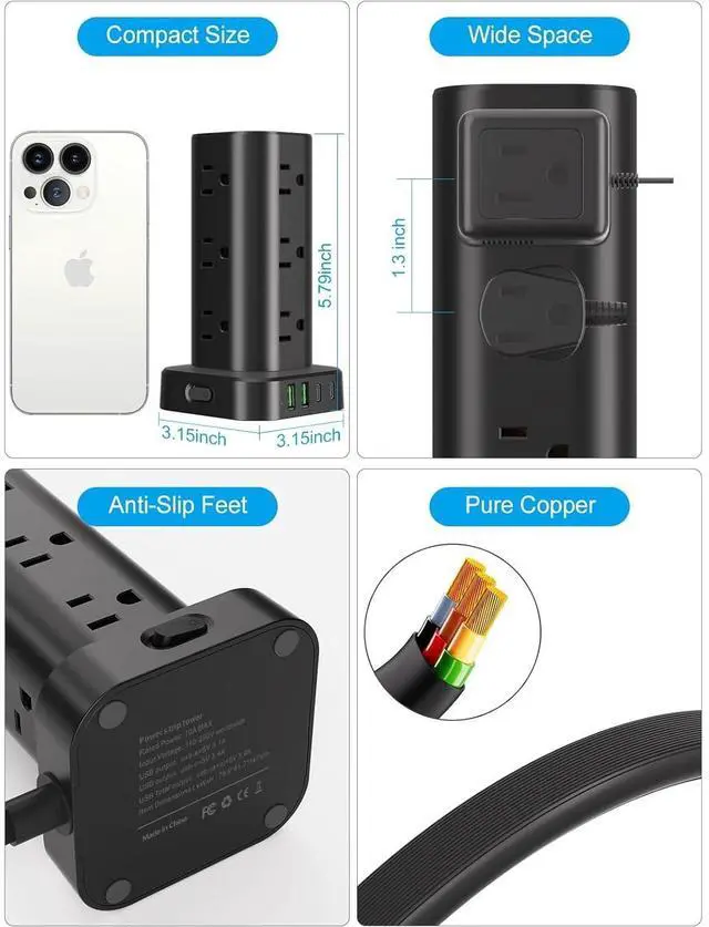 Alt view image 7 of 7 - Bobobigo Power Strip with Wireless Charger, Flat Plug Surge Protector with 6FT Extension Cord, 12 AC Multiple Outlets, 4 USB (2 USB C), 15W Wireless Charging Power Tower for Home Office Dorm, Black