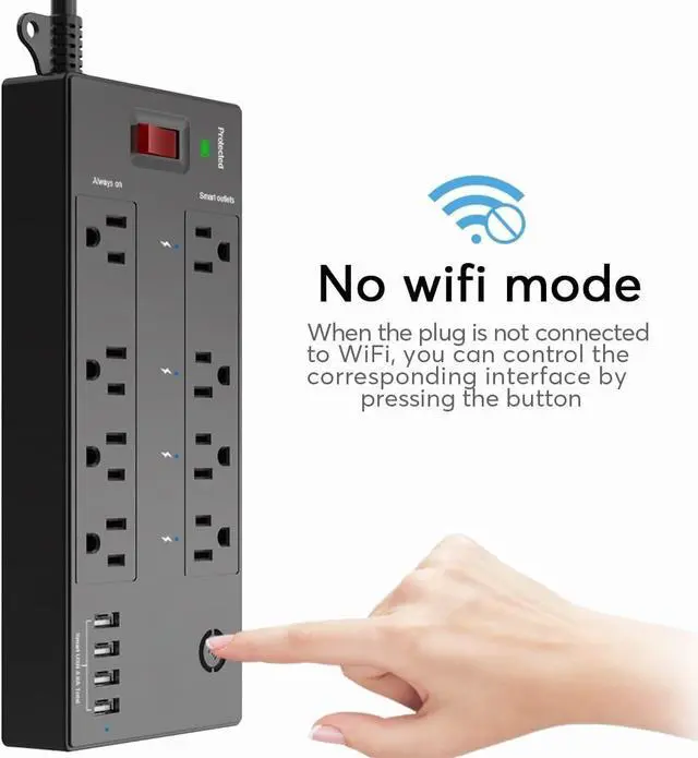 Alt view image 6 of 7 - Bobobigo 6 Ft WiFi Surge Protector - 8 Outlet Extension Cord with 4 Smart & 4 Always On Outlets, 4 USB Ports, Alexa & Google Home Compatible, Black