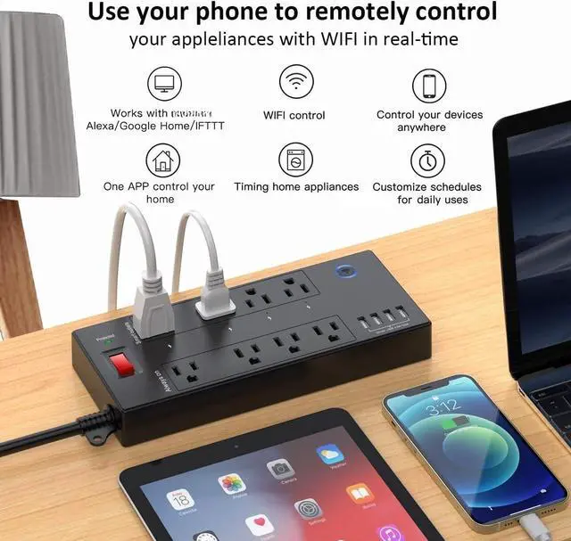 Alt view image 2 of 7 - Bobobigo 6 Ft WiFi Surge Protector - 8 Outlet Extension Cord with 4 Smart & 4 Always On Outlets, 4 USB Ports, Alexa & Google Home Compatible, Black