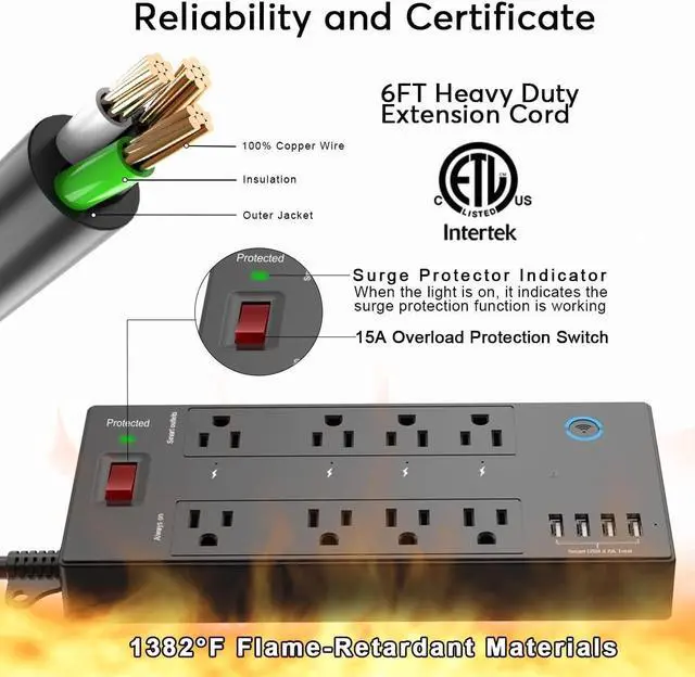 Alt view image 7 of 7 - Bobobigo 6 Ft WiFi Surge Protector - 8 Outlet Extension Cord with 4 Smart & 4 Always On Outlets, 4 USB Ports, Alexa & Google Home Compatible, Black