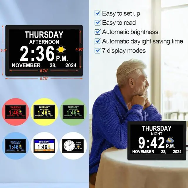 Alt view image 3 of 6 - Bobobigo Dementia Clock for Seniors, Digital Clock with Date and Day of Week, Auto DST, Non-Abbreviated Large Calendar Alarm Clocks (Black)