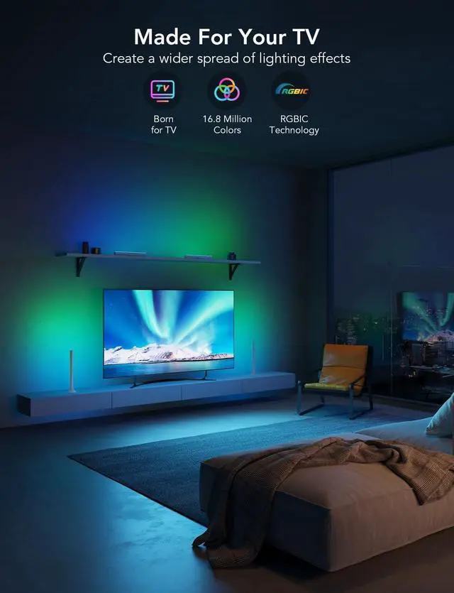 Alt view image 2 of 7 - Bobobigo RGBIC Light Bars, 15 Inches WiFi TV Backlight Suitable for 45-70 inch TVs, Smart Light Bars with Multiple Placement Options, Work with Alexa and Google Assistant, White