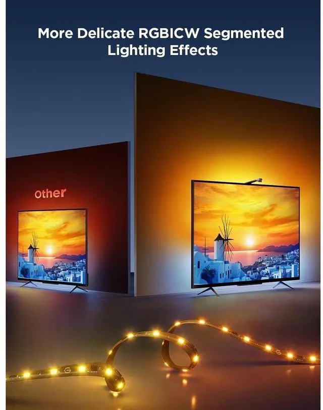 Alt view image 3 of 7 - Bobobigo TV Backlight 3 Lite with Fish-Eye Correction Function Sync to 55-65 Inch TVs, 11.8ft RGBICW Wi-Fi LED Strip Lights with Camera, 4 Colors in 1 Lamp Bead, Voice and APP Control, Adapter