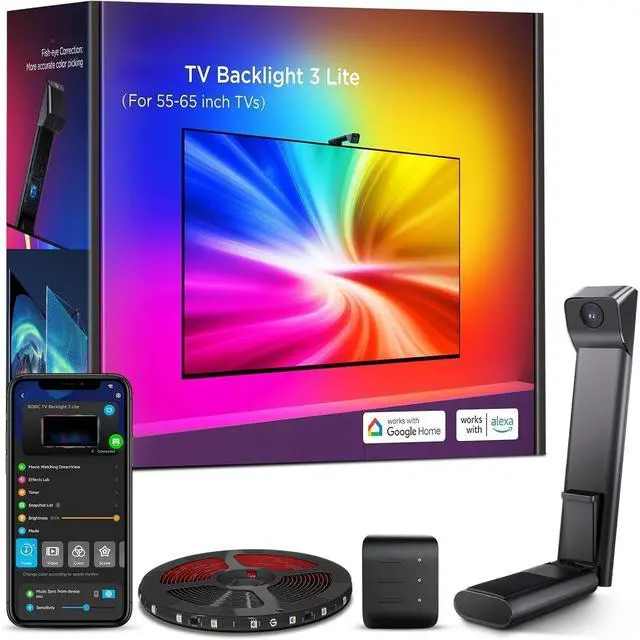 Main image of Bobobigo TV Backlight 3 Lite with Fish-Eye Correction Function Sync to 55-65 Inch TVs, 11.8ft RGBICW Wi-Fi LED Strip Lights with Camera, 4 Colors in 1 Lamp Bead, Voice and APP Control, Adapter