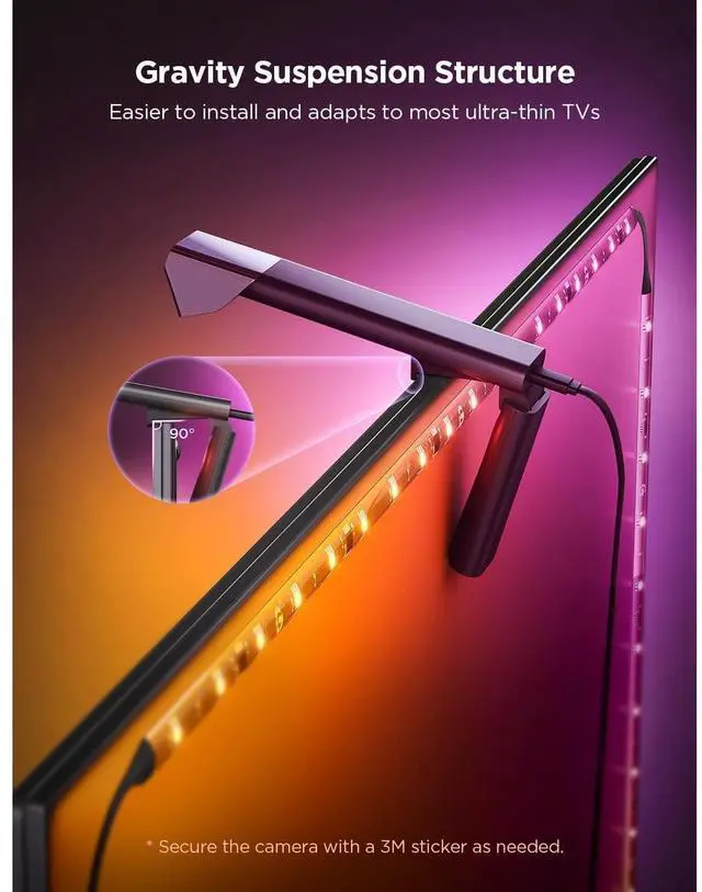 Alt view image 4 of 7 - Bobobigo Backlight 3 Lite with Fish-Eye Correction Function Sync to 40-50 Inch TVs, 7.8ft RGBICW Wi-Fi LED Strip Lights with Camera, 4 Colors in 1 Lamp Bead, Voice and APP Control, Adapter