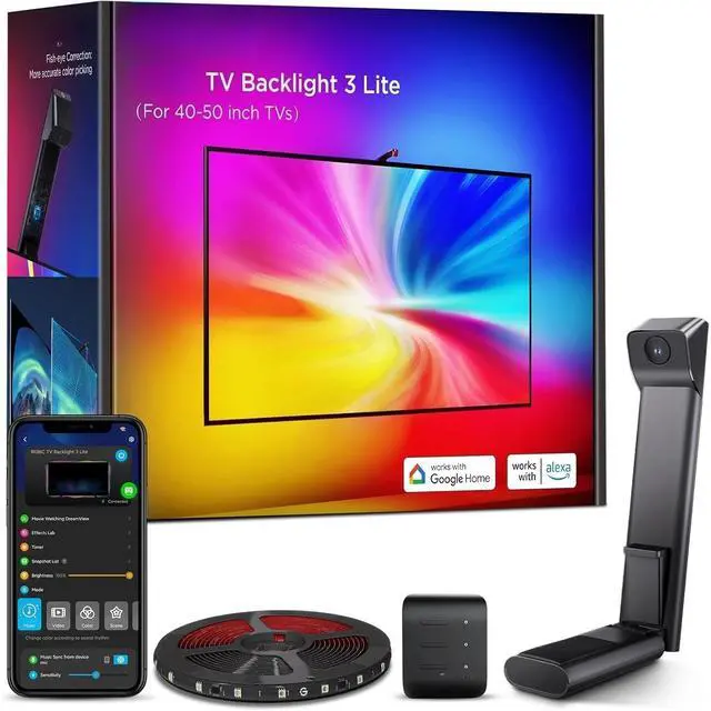 Main image of Bobobigo Backlight 3 Lite with Fish-Eye Correction Function Sync to 40-50 Inch TVs, 7.8ft RGBICW Wi-Fi LED Strip Lights with Camera, 4 Colors in 1 Lamp Bead, Voice and APP Control, Adapter