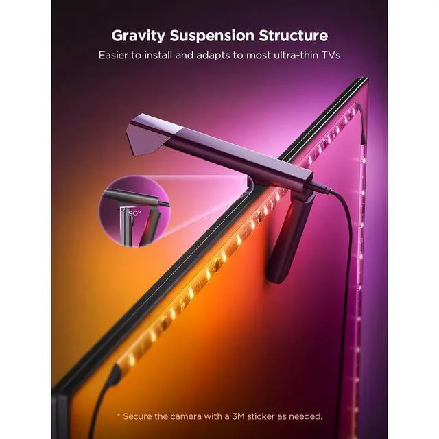 Alt view image 5 of 7 - Bobobigo TV Backlight 3 Lite with Fish-Eye Correction Function Sync to 75-85 Inch TVs, 16.4ft RGBICW Wi-Fi LED Strip Lights with Camera, 4 Colors in 1 Lamp Bead, Voice and APP Control, Adapter