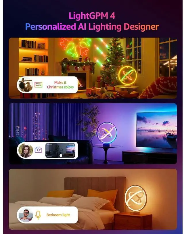 Alt view image 3 of 7 - Bobobigo  AI Smart Table Lamp, RGB+IC Addressable Color Changing Desk Light Alexa Google Home Enable, Music Sync, DIY Endless Scenes, APP Control Cool LED Lamp for Room Decor Ambient Lighting, 2.4 GHz