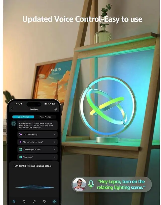 Alt view image 4 of 7 - Bobobigo  AI Smart Table Lamp, RGB+IC Addressable Color Changing Desk Light Alexa Google Home Enable, Music Sync, DIY Endless Scenes, APP Control Cool LED Lamp for Room Decor Ambient Lighting, 2.4 GHz