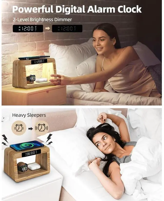 Alt view image 2 of 7 - Bobobigo Bamboo Wireless Charging Station,Wireless Charger with Digital Alarm Clock and Night Light,Fast Charger Stand Compatible with iPhone17/16/15/14/13/12/11 Pro Max/X/Xs/AirPods Pro/iWatch Series