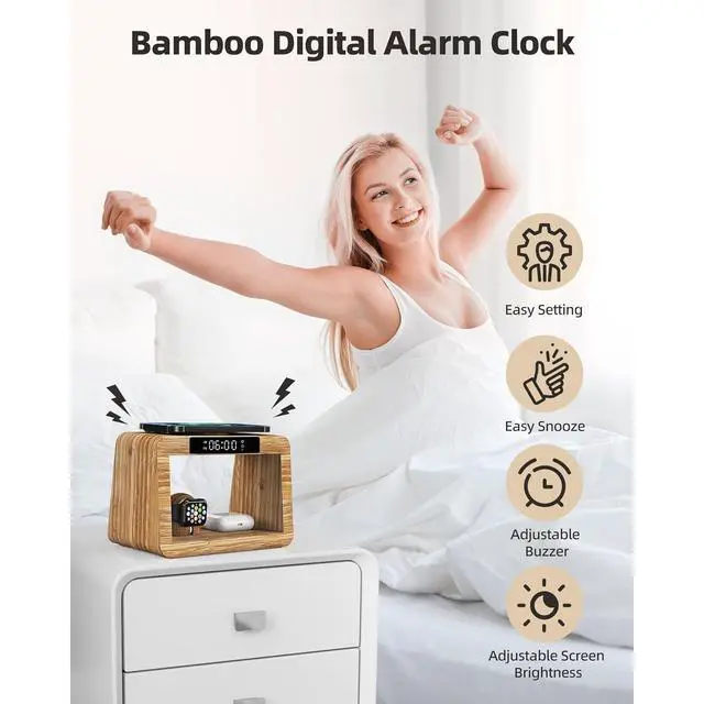 Alt view image 4 of 7 - Bobobigo Bamboo Wireless Charging Station,Wireless Charger with Digital Alarm Clock and Night Light,Fast Charger Stand Compatible with iPhone17/16/15/14/13/12/11 Pro Max/X/Xs/AirPods Pro/iWatch Series
