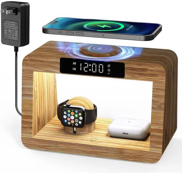 Main image of Bobobigo Bamboo Wireless Charging Station,Wireless Charger with Digital Alarm Clock and Night Light,Fast Charger Stand Compatible with iPhone17/16/15/14/13/12/11 Pro Max/X/Xs/AirPods Pro/iWatch Series
