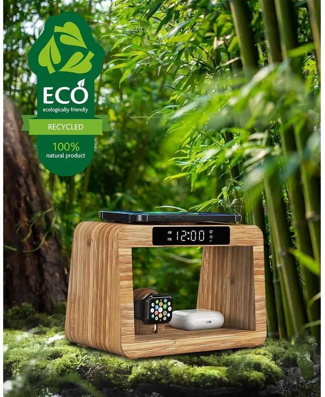 Alt view image 3 of 7 - Bobobigo Bamboo Wireless Charging Station,Wireless Charger with Digital Alarm Clock and Night Light,Fast Charger Stand Compatible with iPhone17/16/15/14/13/12/11 Pro Max/X/Xs/AirPods Pro/iWatch Series