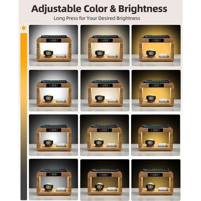 Alt view image 5 of 7 - Bobobigo Bamboo Wireless Charging Station,Wireless Charger with Digital Alarm Clock and Night Light,Fast Charger Stand Compatible with iPhone17/16/15/14/13/12/11 Pro Max/X/Xs/AirPods Pro/iWatch Series