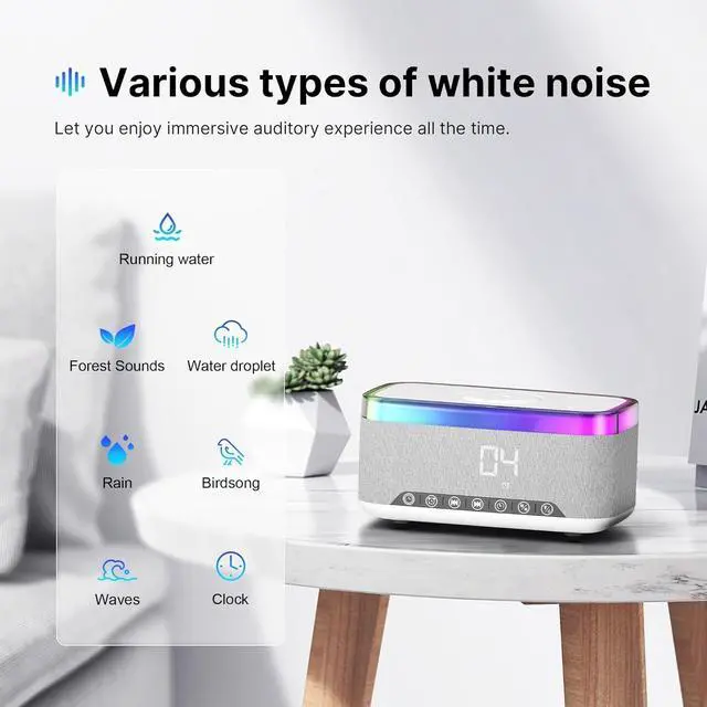 Alt view image 5 of 7 - Bobobigo Portable Bluetooth Speaker with 15W Fast Wireless Charging, 13-Color Dimmable Night Light, White Noise, Alarm, FM Radio, 16W Stereo, BT5.3, TWS, for Home, Office, Bedroom (White)