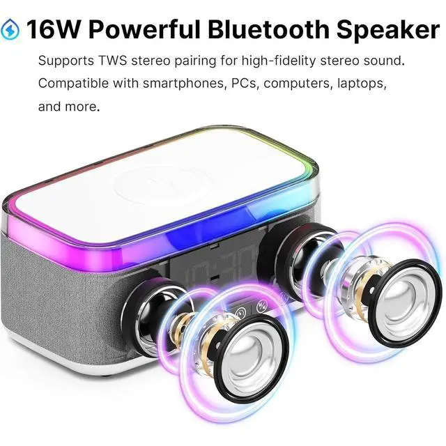 Alt view image 3 of 7 - Bobobigo Portable Bluetooth Speaker with 15W Fast Wireless Charging, 13-Color Dimmable Night Light, White Noise, Alarm, FM Radio, 16W Stereo, BT5.3, TWS, for Home, Office, Bedroom (White)