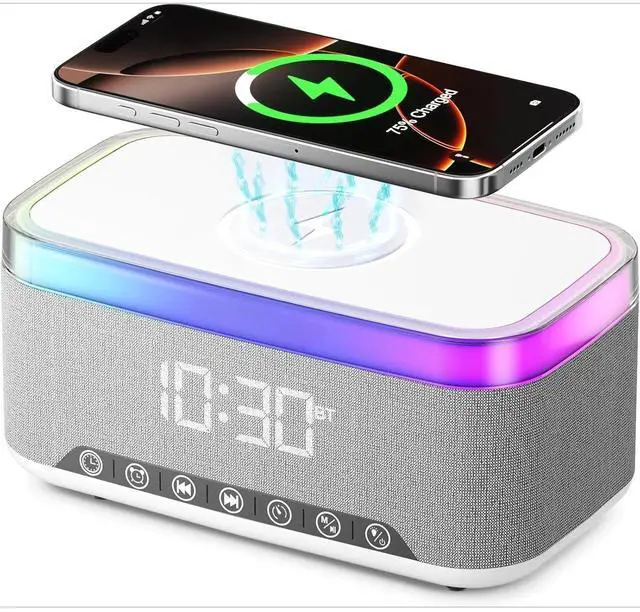 Main image of Bobobigo Portable Bluetooth Speaker with 15W Fast Wireless Charging, 13-Color Dimmable Night Light, White Noise, Alarm, FM Radio, 16W Stereo, BT5.3, TWS, for Home, Office, Bedroom (White)