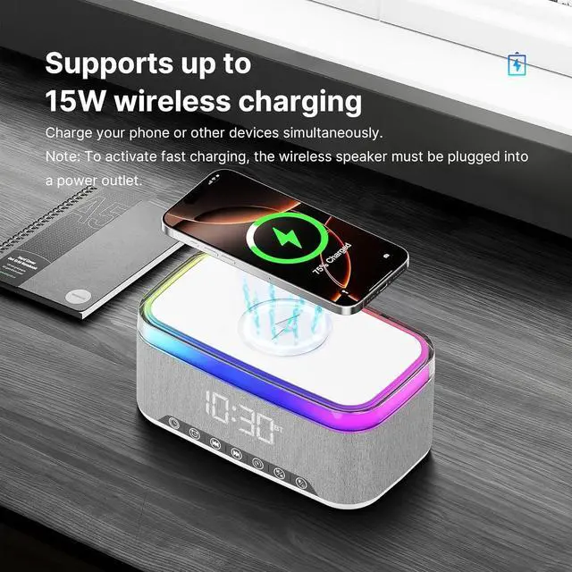 Alt view image 4 of 7 - Bobobigo Portable Bluetooth Speaker with 15W Fast Wireless Charging, 13-Color Dimmable Night Light, White Noise, Alarm, FM Radio, 16W Stereo, BT5.3, TWS, for Home, Office, Bedroom (White)