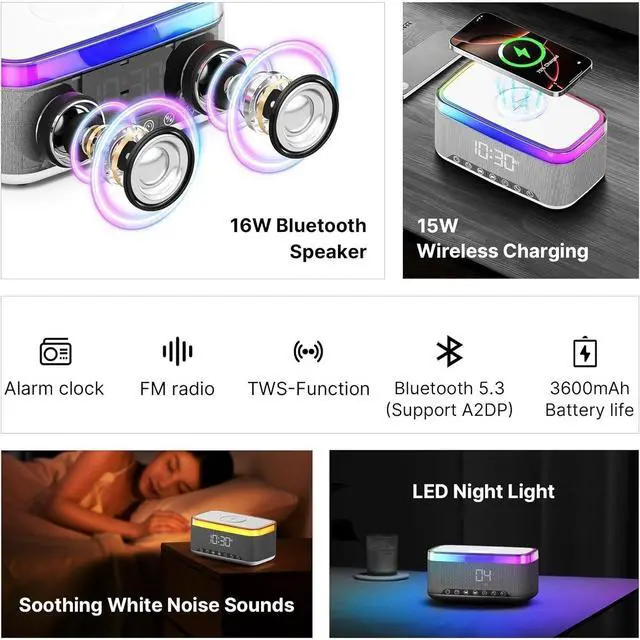 Alt view image 2 of 7 - Bobobigo Portable Bluetooth Speaker with 15W Fast Wireless Charging, 13-Color Dimmable Night Light, White Noise, Alarm, FM Radio, 16W Stereo, BT5.3, TWS, for Home, Office, Bedroom (White)