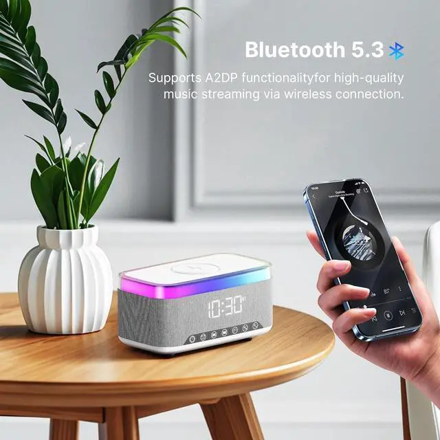 Alt view image 7 of 7 - Bobobigo Portable Bluetooth Speaker with 15W Fast Wireless Charging, 13-Color Dimmable Night Light, White Noise, Alarm, FM Radio, 16W Stereo, BT5.3, TWS, for Home, Office, Bedroom (White)