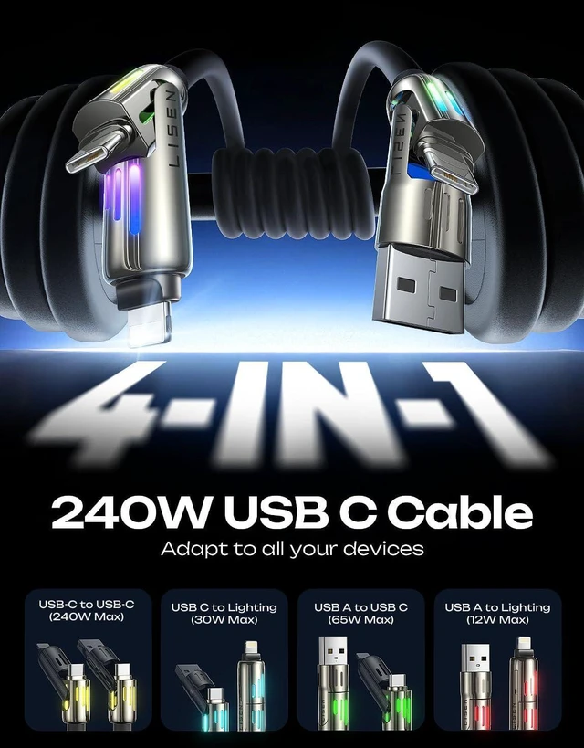 Alt view image 2 of 6 - USB C Cable 3FT for Charger Type C Chubby 4 in 1 Charging Cable with Light Multi Charging Cable for iPhone 16 15 14 Pro Max/MacBook/iPad Pro/S25 All Devices Black