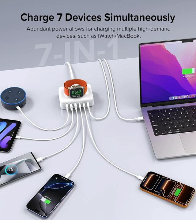Alt view image 6 of 7 - 170W USB C Charging Station Block, Travel Charger for Multiple Devices, USB C Charger Plug for iPhone 17 16 15 14 13 Series, Apple Watch Ultra SE 10 9 8 7 6 5 4 3 2, AirPods, MacBook Pro Air, iPad