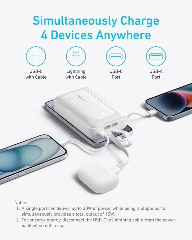 Alt view image 5 of 7 - Power Bank 20 000mAh 30W Max Fast Portable Charger with Built-in USB-C and MFi Certified Lightning Cables USB-C&A Battery Pack for iPhone 17/16/15/14 Series MacBook Galaxy