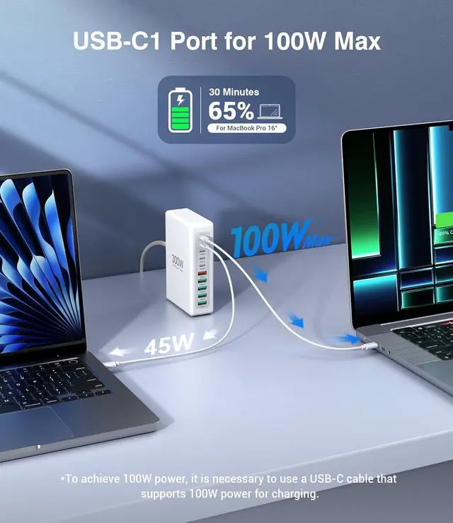 Alt view image 2 of 7 - 300W USB C Fast Charging Block,Upgraded 10-Port Fast Charging Station Hub,PD 100W 65W 45W 25W 20W Laptop Charger Power Adapter for MacBook Pro/Air,DELL,Steam Deck,iPhone 17/16,Galaxy S25/24