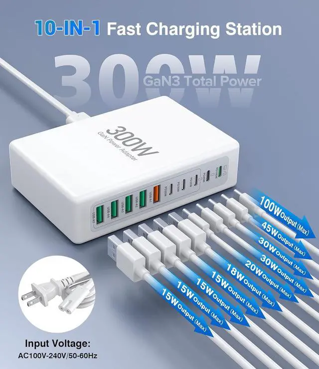 Alt view image 3 of 7 - 300W USB C Fast Charging Block,Upgraded 10-Port Fast Charging Station Hub,PD 100W 65W 45W 25W 20W Laptop Charger Power Adapter for MacBook Pro/Air,DELL,Steam Deck,iPhone 17/16,Galaxy S25/24