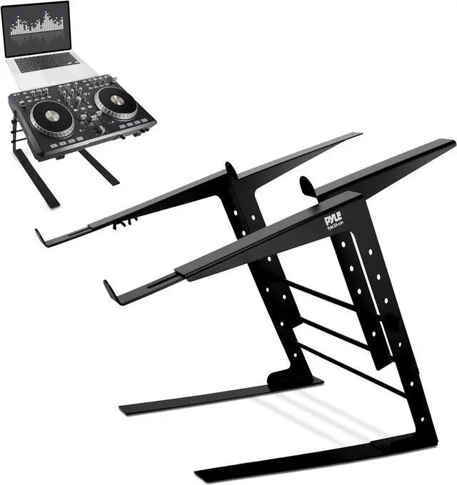 Main image of Portable Dual Laptop Stand - Standing Table with Adjustable Height Ergonomic Design & Anti-Slip Prongs for DJ Mixer Sound Equipment Workstation Gaming & Home Use - PLPTS38 Black