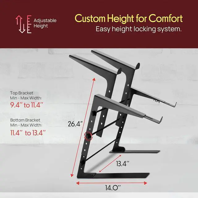 Alt view image 6 of 7 - Portable Dual Laptop Stand - Standing Table with Adjustable Height Ergonomic Design & Anti-Slip Prongs for DJ Mixer Sound Equipment Workstation Gaming & Home Use - PLPTS38 Black