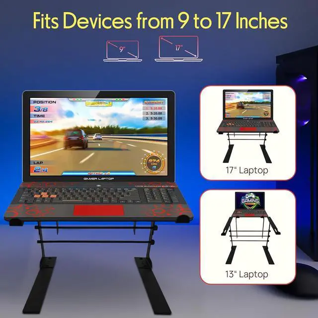 Alt view image 7 of 7 - Portable Dual Laptop Stand - Standing Table with Adjustable Height Ergonomic Design & Anti-Slip Prongs for DJ Mixer Sound Equipment Workstation Gaming & Home Use - PLPTS38 Black