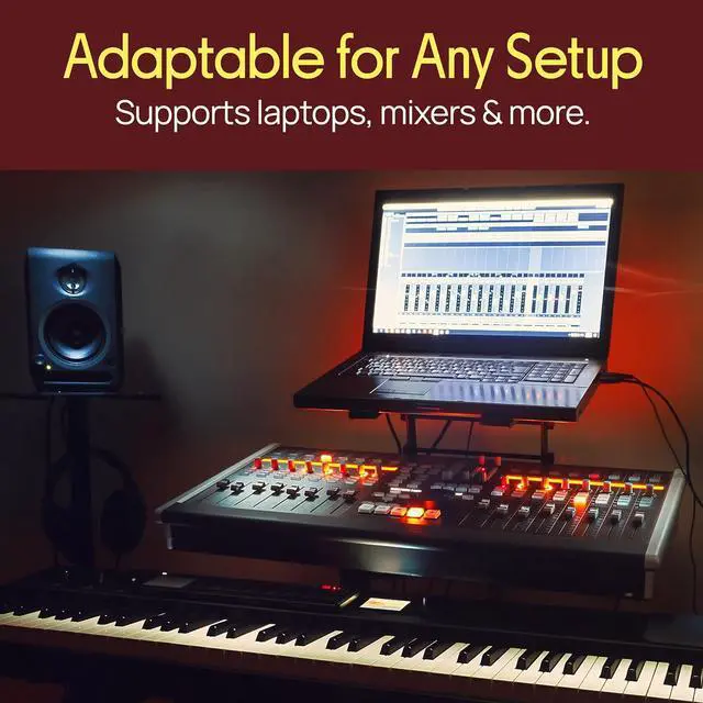 Alt view image 5 of 7 - Portable Dual Laptop Stand - Standing Table with Adjustable Height Ergonomic Design & Anti-Slip Prongs for DJ Mixer Sound Equipment Workstation Gaming & Home Use - PLPTS38 Black