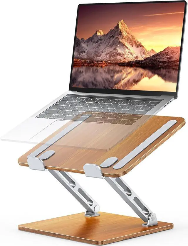 Main image of Ergonomic Laptop Stand Wood & Aluminum Computer Stand with Adjustable Angle Foldable Dual-Bar Laptop Riser Holder Stand for Desk Compatible with MacBook  HP 10-16 (Royal Teak Grain)