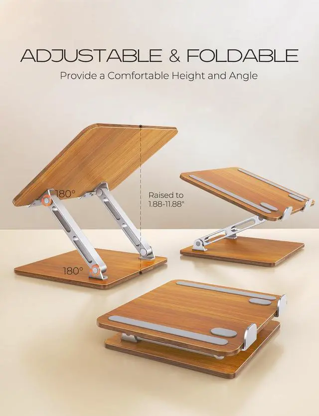 Alt view image 5 of 7 - Ergonomic Laptop Stand Wood & Aluminum Computer Stand with Adjustable Angle Foldable Dual-Bar Laptop Riser Holder Stand for Desk Compatible with MacBook  HP 10-16 (Royal Teak Grain)