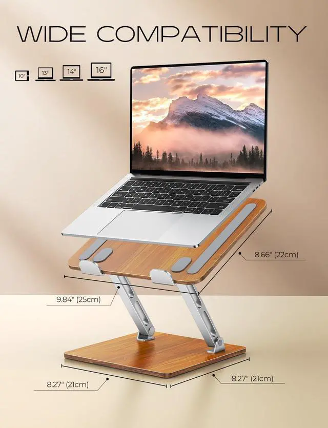 Alt view image 7 of 7 - Ergonomic Laptop Stand Wood & Aluminum Computer Stand with Adjustable Angle Foldable Dual-Bar Laptop Riser Holder Stand for Desk Compatible with MacBook  HP 10-16 (Royal Teak Grain)