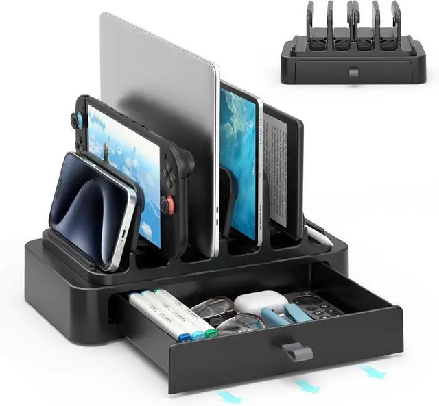 Main image of Vertical Laptop Stand with Drawer - 7-in-1 Space-Saving Laptop Holder with Gravity Locking Fits MacBook  HP Chromebook Surface Pro Tablet Cell Phone Switch Keyboard Desktop Organizer