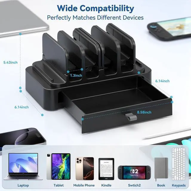 Alt view image 5 of 7 - Vertical Laptop Stand with Drawer - 7-in-1 Space-Saving Laptop Holder with Gravity Locking Fits MacBook  HP Chromebook Surface Pro Tablet Cell Phone Switch Keyboard Desktop Organizer