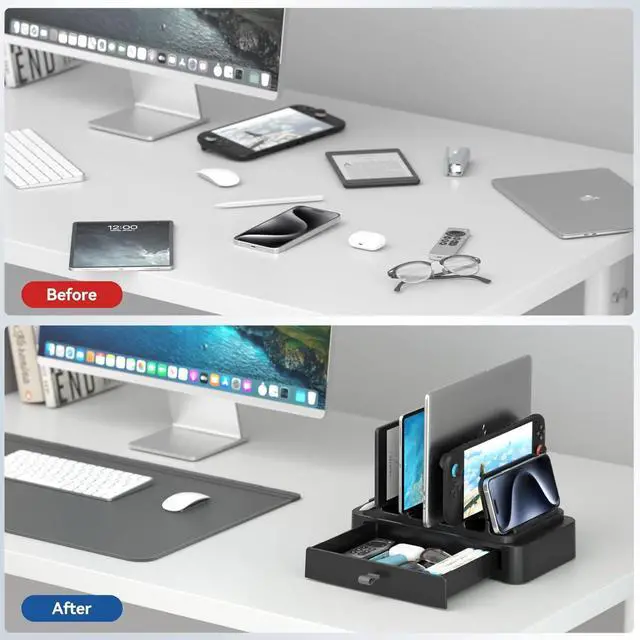 Alt view image 7 of 7 - Vertical Laptop Stand with Drawer - 7-in-1 Space-Saving Laptop Holder with Gravity Locking Fits MacBook  HP Chromebook Surface Pro Tablet Cell Phone Switch Keyboard Desktop Organizer