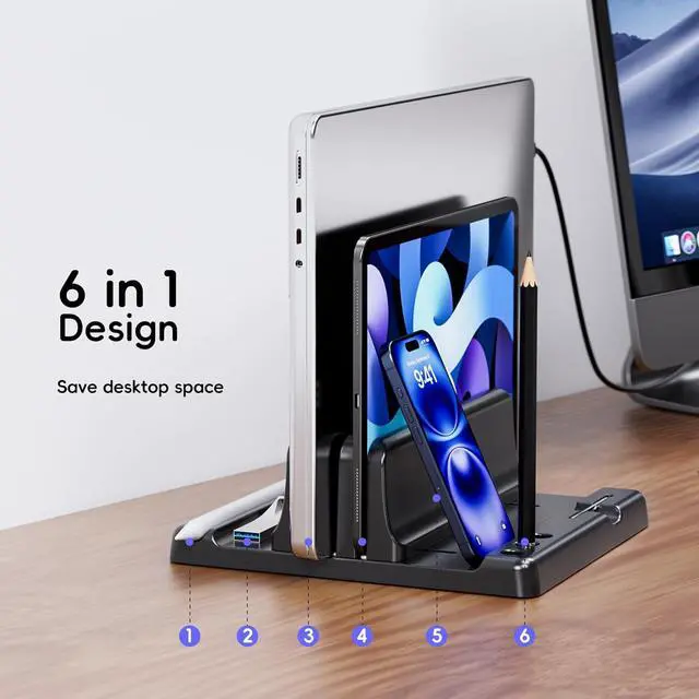 Alt view image 3 of 7 - Vertical Laptop Stand Holder - Adjustable Width 6-in-1 Design Space-Saving Desktop Stand Desk OrganizerCompatible for MacBooks Tablets Lap All Phone (Black)