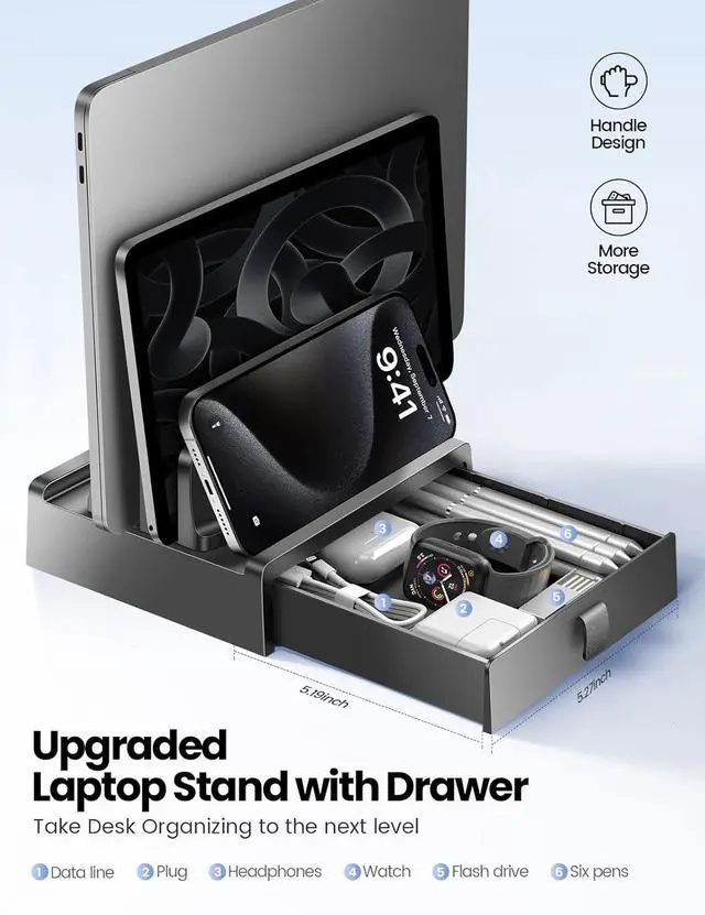 Alt view image 2 of 7 - Vertical Laptop Stand with Drawer Dual Slots Plastic Laptop Holder with Space Saving 4-in-1 Design Adjustable Laptop Stand for Desk Supports MacBook Chromebook Surface