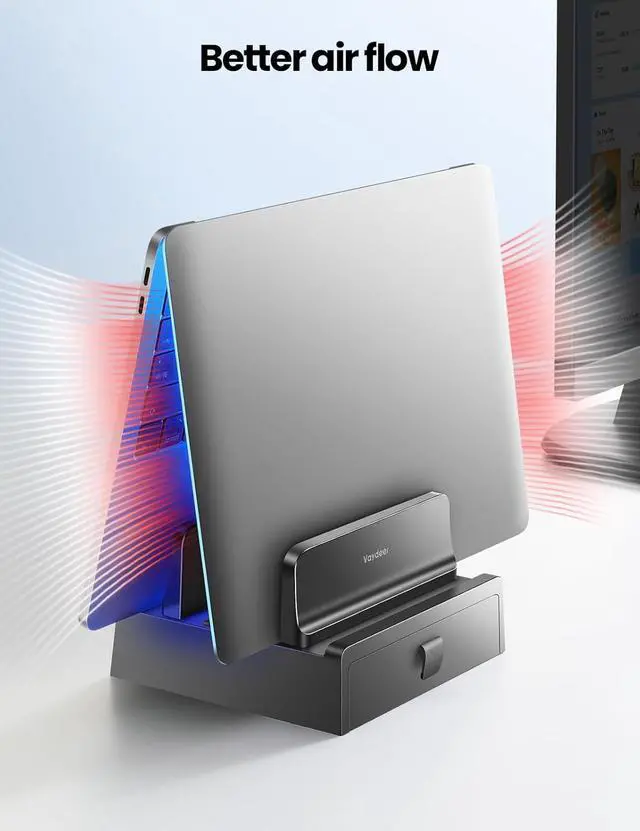 Alt view image 5 of 7 - Vertical Laptop Stand with Drawer Dual Slots Plastic Laptop Holder with Space Saving 4-in-1 Design Adjustable Laptop Stand for Desk Supports MacBook Chromebook Surface