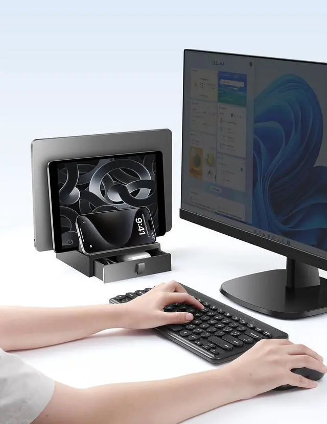 Alt view image 7 of 7 - Vertical Laptop Stand with Drawer Dual Slots Plastic Laptop Holder with Space Saving 4-in-1 Design Adjustable Laptop Stand for Desk Supports MacBook Chromebook Surface