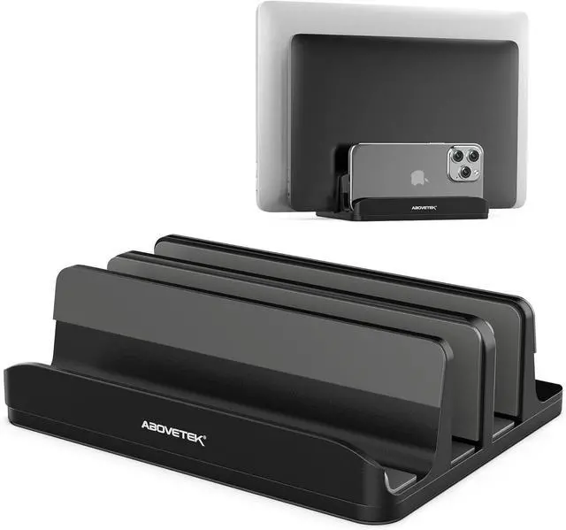 Main image of Vertical Laptop Stand Holder 3 Slots Aluminum Desk Stand with Adjustable Dock Size for Tablet MacBook Phone - Universal Fit (up to 17.3) - Heavy Duty Polished Anti Slide - Black